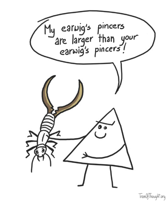 Triangle-person is holding a super-size earwig, saying: My earwig's pincer is larger than your earwig's