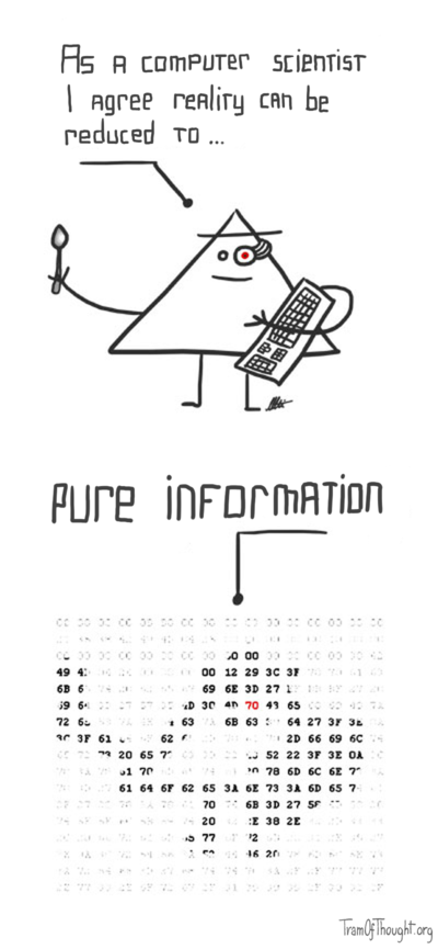 At the top a Triangle-person looking like an android says: 'as a computer scientist I agree reality can be reduced too...' At the bottom, the same person is stylised as a string of bytes, and the sentence is finished: 'pure information.'