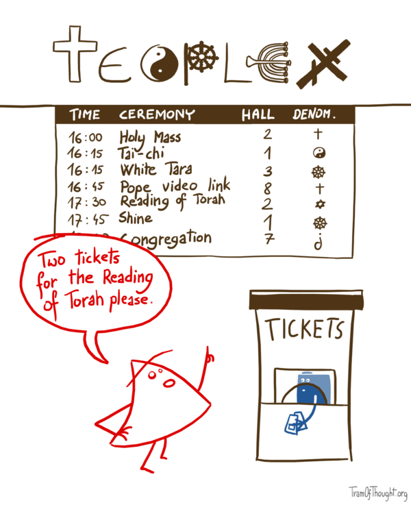 Triangle-person is shown purchasing two tickets to the Reading of Torah at the Teoplex. A large display behind shows different ceremenonies for various religious orders: Holy Mass, Tai-chi, White Tara, Pope video link, Reading of Torah, Shine, Congregation, alongside times and hall numbers.