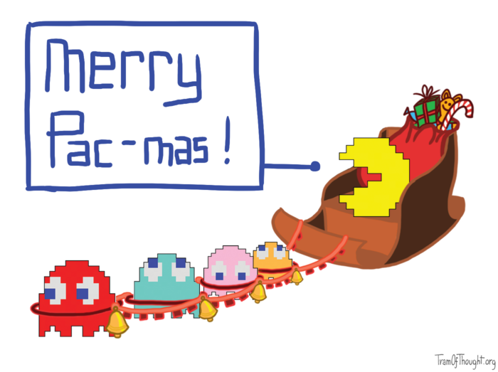 An image of pixelated pacman in a sleigh with bells, being pulled by four pixelated pacman ghosts. Caption: Merry Pac-mas!