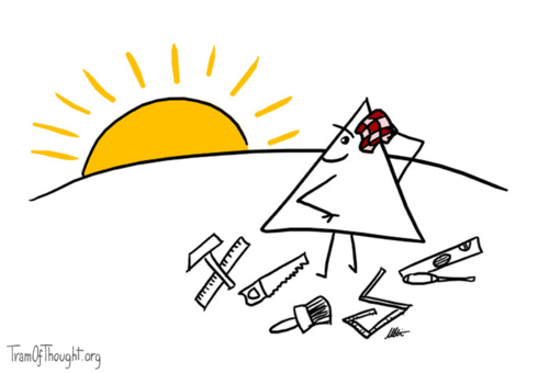 Triangle-person is shown staring into the sunrise, with tools scattered all around.