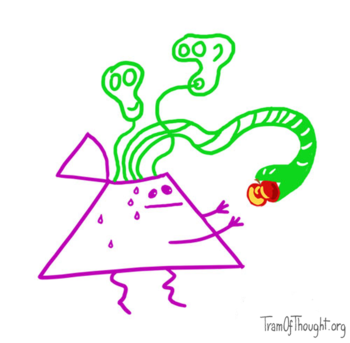 A translucent purple Triangle-person is shown with their head open, and strange translucent green creatures coming out, one of them being a snake and offering an apple to the Triangle.