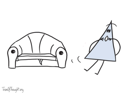 A Triangle-person is shown being scared of a couch. At a closer inspection, it turns out the couchs has a tongue poking out, and the armrests look a bit like eyes.