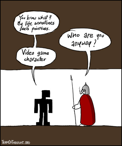 Blocky video game character chatting with a guard in a what looks like a dungeon