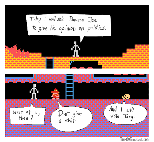 Blocky video game character polls Panama Joe (a Montezuma's Revenge character) on politics