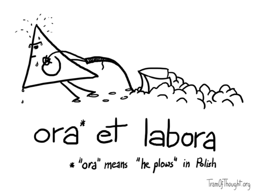 A Triangle-person is shown pulling a plow through a field, sweating. Caption: Ora et labora. There is also a note: 'ora' means 'he plows' in Polish.