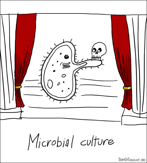 An oversize microbe is performing on stage