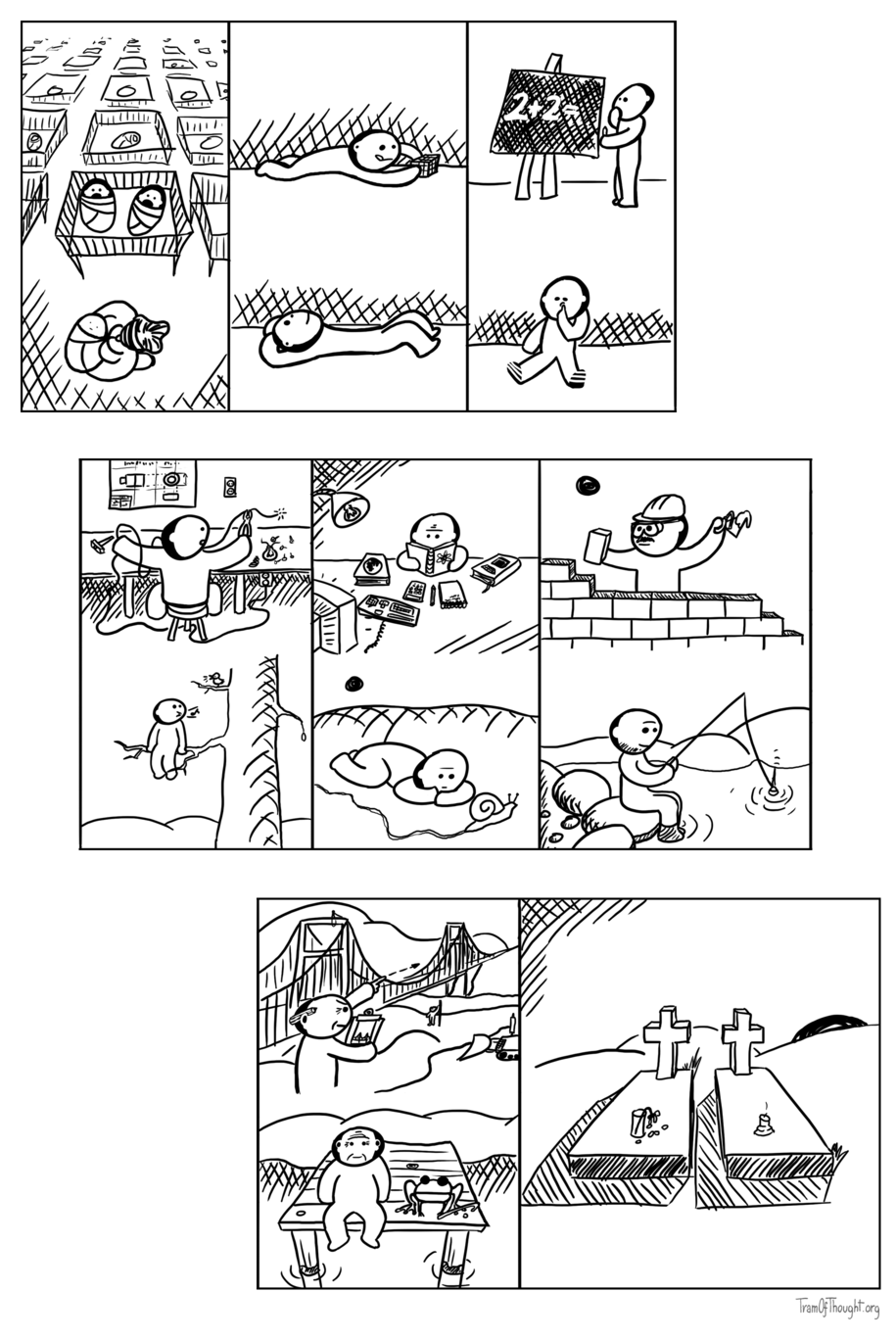 History of two twins is shown. First they are pictured together in a hospital. Next, the top one is solving a Rubik's cube, and the bottom one is relaxing on their back. Then, the top one is pondering 2+2, whereas the bottom is poking their nose. Subsequently, top one is tinkering with electronics, while the bottom one sits on a tree whistling to a bird. Then, the top one studies science, and the bottom one is marveling at a snail. Next, the top one is building a brick wall, with bottom one fishing. Following that, the top one is shown architecting a suspension road bridge, but the bottom one is staring at a lake next to a frag doing the same. On the final picture, to graves are shown next to each another.