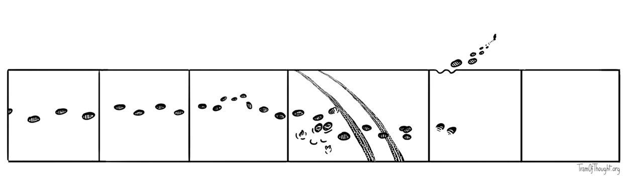 A comic strip runs from left to right. There is footprints visible throughout the first three images. The fourth contains tyre marks, footprints are mangled, and two handprints are visible. On the next image, the footprints are deeper, as if the person was standing on their toes, and the image frame above these is bent in two places. The footprints continue outside of the frame, with silhouette visible far away in the distance. The final frame of the strip is empty.