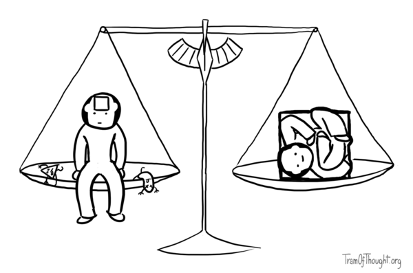 A super-sized scale weight is shown. On the left scale, a person sits, with a square in their head (and dead Triangle- and Square-people laying about). On the second scale a person is shown uncomfortably squished into a square box. The scale balances.