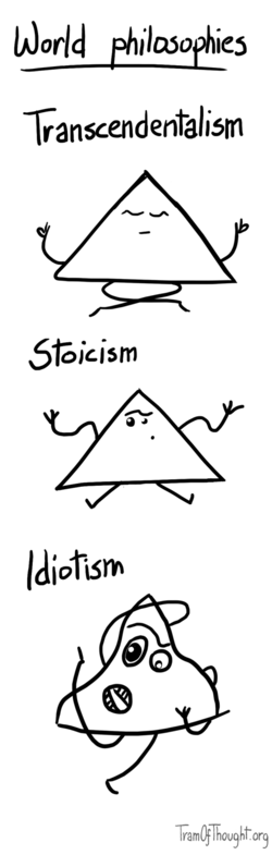 World philosophies: first image shows a Triangle-person meditating, captioned 'Transcendentalism.' Second image shows a Triangle-person sitting down and shrugging, captioned 'Stoicism.' Third image shows a contorted Triangle person with imbecile expression, captioned 'Idiotism.'