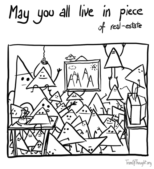 Caption: May you all live in piece (of real estate). Below is a picture of a living room with many Triangle-people inhabiting it. They are large and small, one is hanging on a lightbulb, another is balancing precariously on the TV, there is half a dozen under the table, some are hanging from the ceiling, one is hugging a vase, some of them are scattered upside-down and on their sides. There is also a picture of mountainous landscape, with a triangular sun.