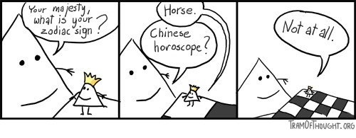 Triangle-person asks a chess king for the zodiac sign, and hears it's horse.