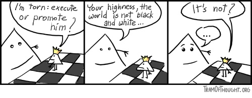 Triangle-person advises chess king the world is not black and white, but king is not convinced