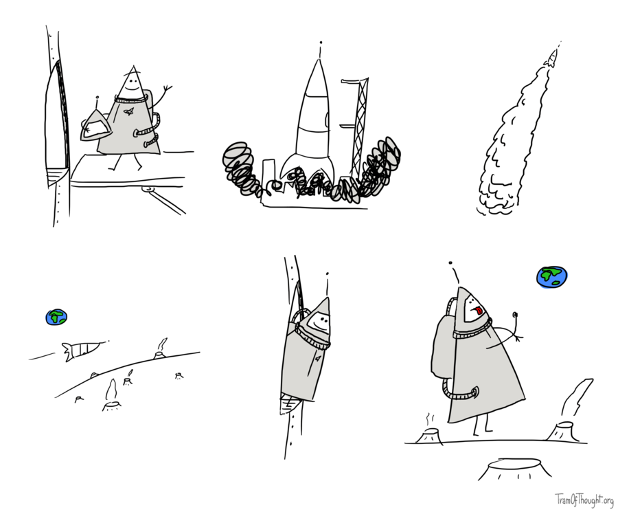 Triangle-person is shown entering a rocket, wearing a space suit and holding the helmet under their arm. The rocket then starts, and fades away into the distance. Next, it's shown cruising above the moon, with Earth visible as a small blue-green marble in the distance. Then, it looks like the rocket has landed, and the Triangle-person pokes their head out of the hatch smiling, now wearing the helmet. On the final picture the person is shown floating on the moon, poking their tongue at the Earth, and making an obscene gesture with their hand.