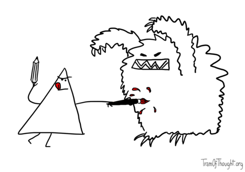 A Triangle-artist is shown hitting a scary monster with a red brush.