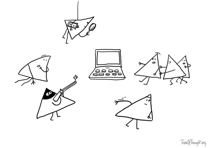 In the middle of the image, a notebook computer is resting. Around it, a crows of Triangle-people is reacting in various ways: one is wondering what it is, another one is aiming at it with a shotgun, another one is walking away briskly, other two are pushing the third forward, and another one is hanging from a rope, with a magnifying glass and a clipboard.