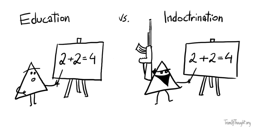 A Triangle-teacher is shown pointing to a blackboard with 2+2=4 written on it. It's labeled 'education'. Next to it, a Triangle-bandit with a machine gun is pointing to the same blackboard with 2+2=4 written on it. It's labeled 'indoctrination'.