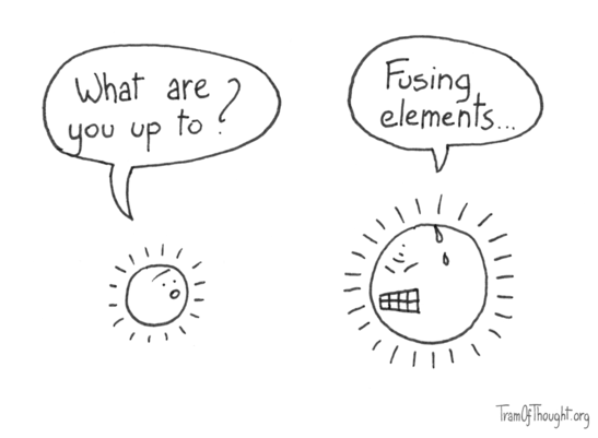 Two suns are shown, one small and one large. The large one is tensing with gritted teeth and sweat running down their face.  The small one asks: What are you up to? The large one responds: Fusing elements...