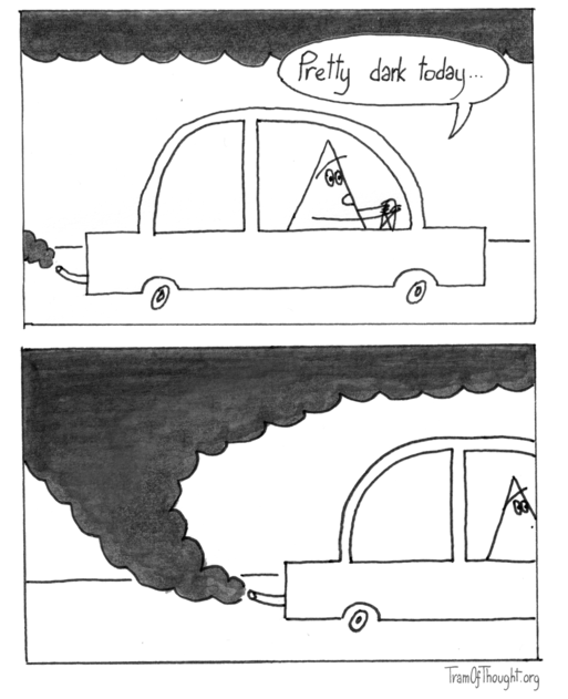 On the first picture, a Triangle person is shown driving a car. There is a dark cloud looming overhead, and the Triangle says: Pretty dark today. On the second picture, they are shown driving off the frame, and it turns out the dark cloud is directly coming out of their car exhaust.