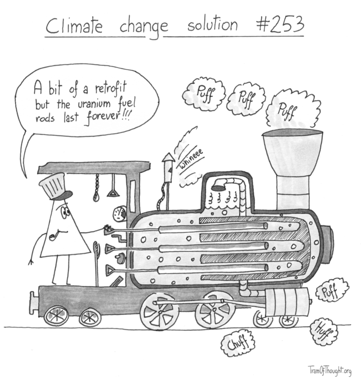 Climate change solution #253: A Triangle-person is shown driving what largely looks like a steam engine. They say: 'A bit of a retrofit but the uranium fuel rods last forever!!!' and upon closer inspection the tender of the engine looks like a nuclear reactor heating the water up to steam.