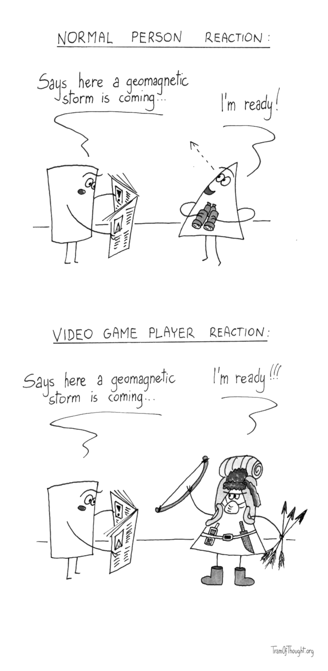 Normal person reaction: a Square-person is shown quoting a newspaper - Says here a geomagnetic storm is coming. A casual-looking Triangle-person is standing next to them holding binoculars, saying: I'm ready! Video game player reaction: the same Square-person is shown quoting a newspaper. A Triangle-person next to them says: I'm ready!!! but this time they are wearing trapper's fur hat, a large backpack with bedding rolled up, a bow, three arrows, wearing a mask, with a cellphone device and a large knife at their belt.