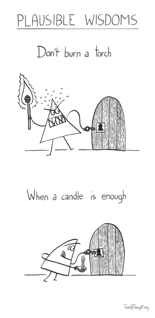 Plausible wisdom: First image labeled 'Don't burn a torch' shows a Triangle-person with an intense angry expression, holding a torch, sweating and trying to fit a key in a wooden door keyhold. Second image labeled 'When a candle is enough' shows a Triangle person holding a candle, precisely fitting a key into the same keyhole.