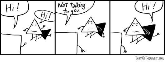 Someone greeting the Triangle-person, except turns out they are greeting the shadow instead