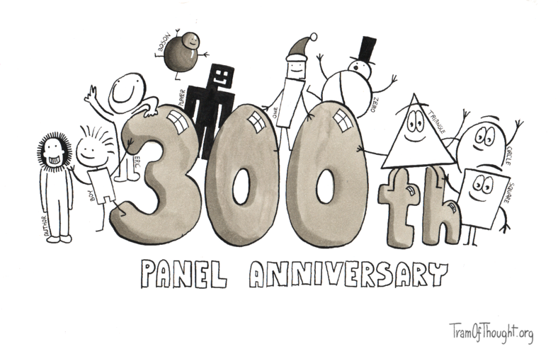 
300th panel anniversary: an image of a large "300th" surrounded by various characters featured in the past on this blog.

