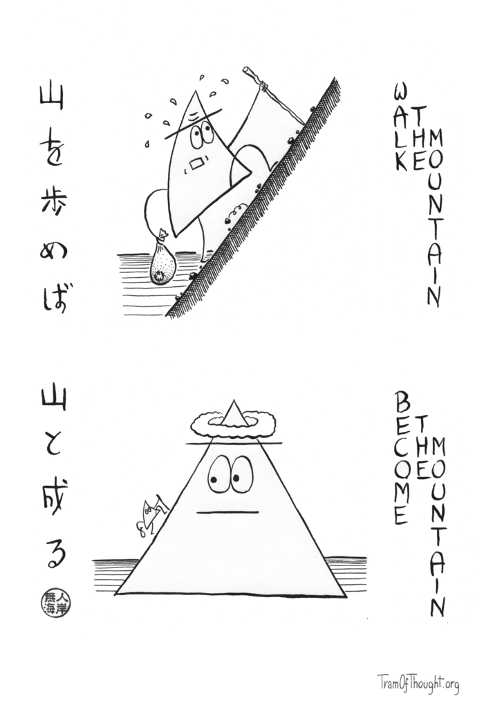 
On the first panel, a Triangle-person is walking up a mountain, sweating, leaning on a stick, and carrying a travel bundle. Subtitle: 山を歩めば - Walk the mountain

On the second panel, the scene is zoomed out far away, showing they are really climbing a gigantic Triangle-person. Subtitle: 山と成る - Become the mountain.
