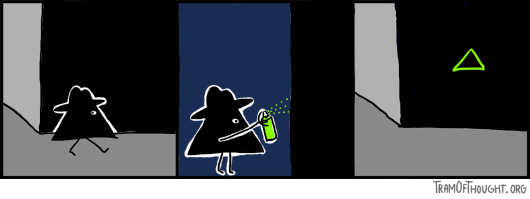 A suspicious Triangle-person walking down a darkened street, then surreptitiously spraying a green luminous triangle sign on the wall