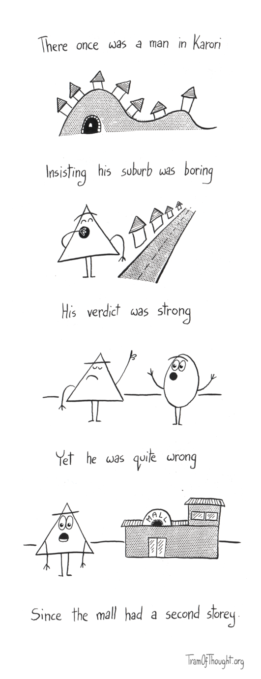
First panel says "There once was a man in Karori," and shows a hilly suburb with a tunnel right through. 

Second panel says "Insisting his suburb was boring," and shows a yawning Triangle-person standing at a long road with houses in a row. 

Third panel says "His verdict was strong," and shows a stubborn Triangle-person wagging a finger at an Oval-person explaining something.

Fourth panel says "Yet he was quite wrong," and shows a building named "Mall", with a second storey tacked on on one side. The final subtitle says "Since the mall had a second storey."
