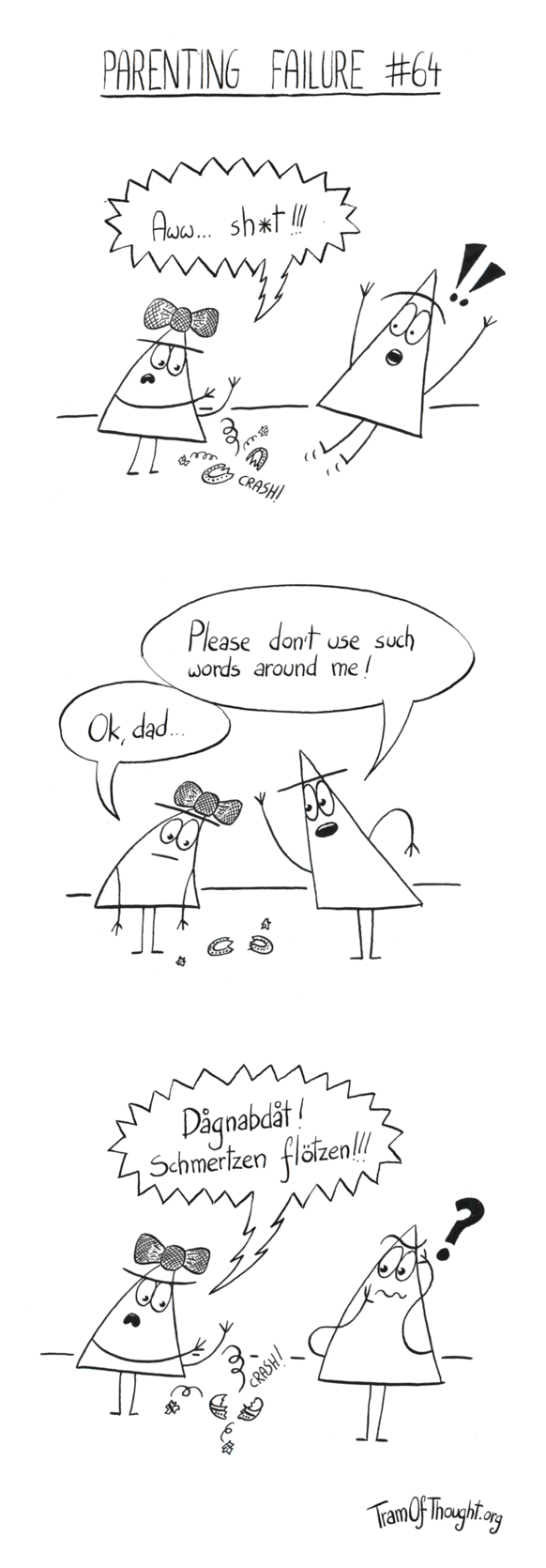 
On the first panel, a Triangle-girl drops a plate and it smashes into pieces. She exclaims: "Aww... sh*t!" Next to her Triangle-dad jumps up shocked.

On the second panel, dad scolds: "Please don't use such words around me!". Girl looks at the floor and says: "Ok, dad".

On the final panel, the girl drops a bowl and it smashes into pieces. To dad's confusion she angrily exclaims: "Dågnabdåt! Schmertzen flötzen!"
