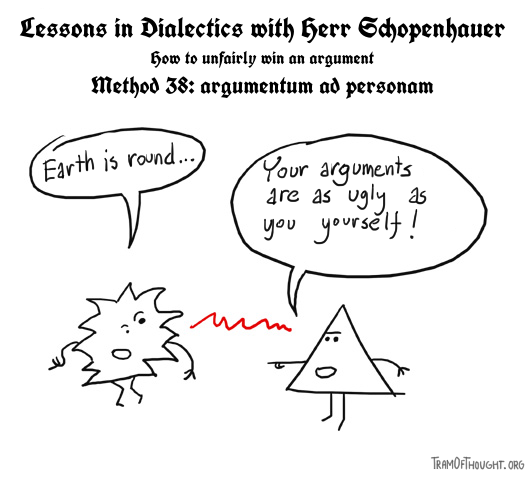 Lessons in Dialectics with Herr Schopenhauer: How to unfairly win an argument, method 38: argumentum ad personam. Triangle-person claims the opponent's arguments are as ugly as they are