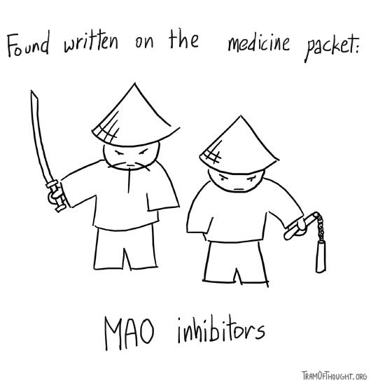 Individuals wearing conical hats hold assortment of weapons. The caption says: read on medicine packet - MAO ihibitors