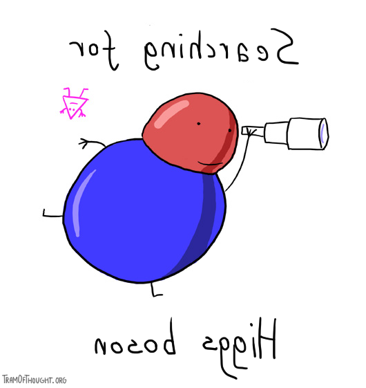 An image of a blue-red blobby entity with a telescope, with a purple Triangle-person in the background. Caption is mirrored and says: looking for Higgs boson