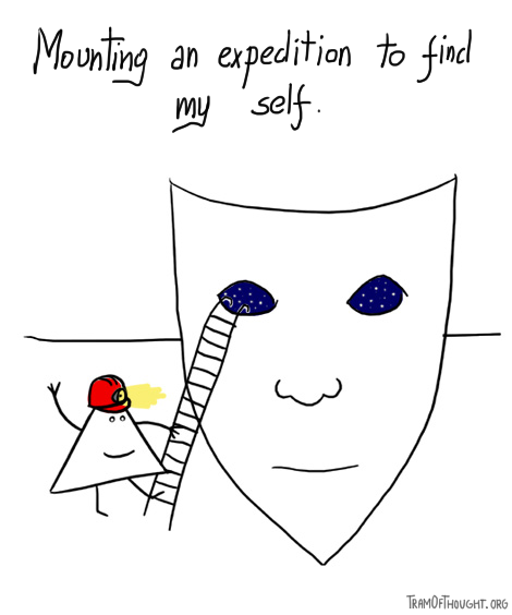 Triangle-person stands next to a ladder leading into an oversize mask's eye. Caption says: mounting an expedition to find my self