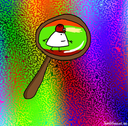 Triangle person is shown through magnifying glass traversing a rainbow-coloured maze