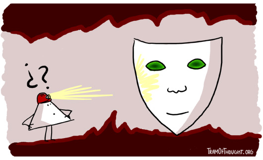 Triangle person is shown finding another mask in a passageway