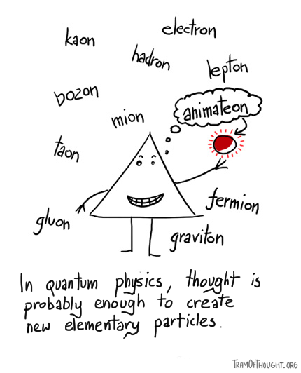 Triangle-person is standing amidst elemntary particles, thinking 'animateon'. Caption says: thought is probably enough to create elemntary particles