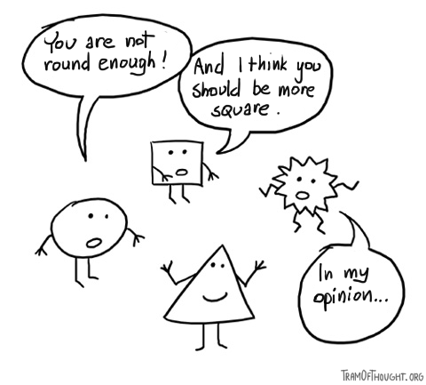 Circle-person remarks to Triangle-person they are not round enough. Square-person remarks not square enough. Concave polygon-person begins by saying, 'In my opinion...'