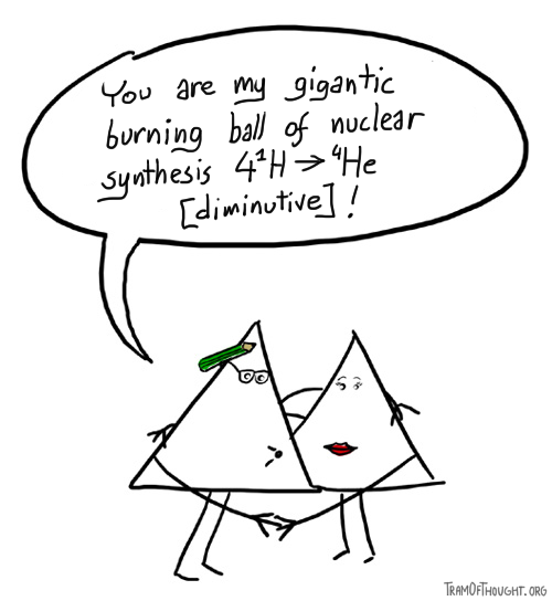 Geeky-looking Triangle-person embraces a Triangle-girl, saying 'You are my gigantic ball of nuclear synthesis 4¹H→⁴He (diminutive)'