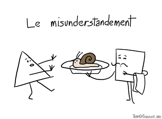 Triangle-person terrified and moving backwards from a waiter holding a snail on a plate. Caption: Le misunderstandement