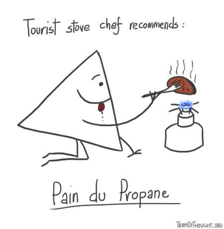 Triangle-person is pictured with a piece of bread on fork over a tourist stove. Caption: tourist stove chef recommends - Pain du Propane