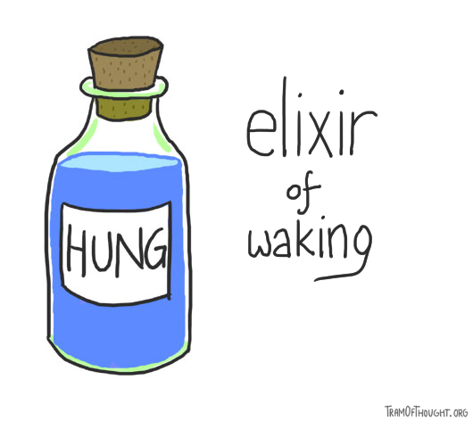 A blue potion is shown, marked 'Hung'. Caption: Elixir of waking