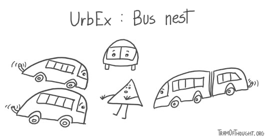 Triangle-person is shown being surrounded by friendly buses, wagging their exhaust pipes. Caption: urbex - bus nest