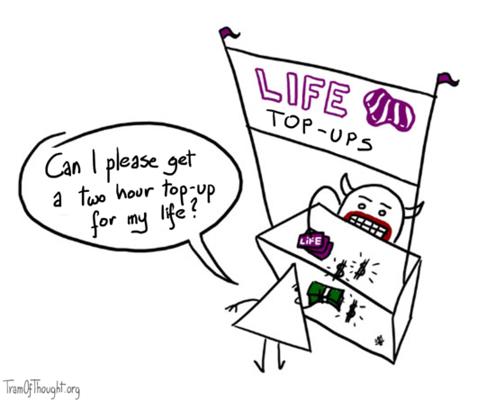 Triangle-person is shown purchasing something at a 'Life top-ups' stall, asking: Can I please get a two hour top-up for my life?