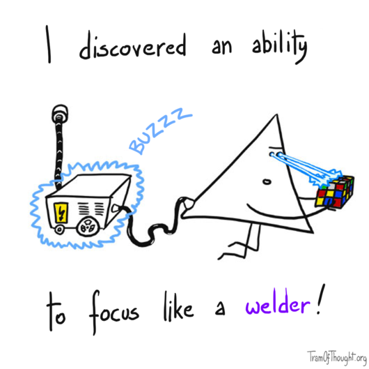 Triangle-person is connected up to a welder, with welding beams coming out of their eyes focused on a Rubik's cube. Caption: I discovered an abilit to focus like a welder!