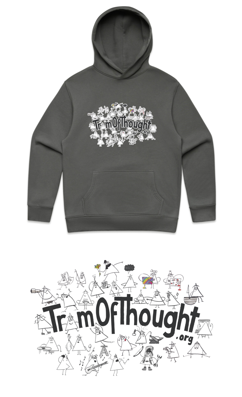 
A gray hoodie with superimposed cloud of Triangle-people in various poses. In the middle, there is a stylised, hand-drawn "tramofthought.org".

